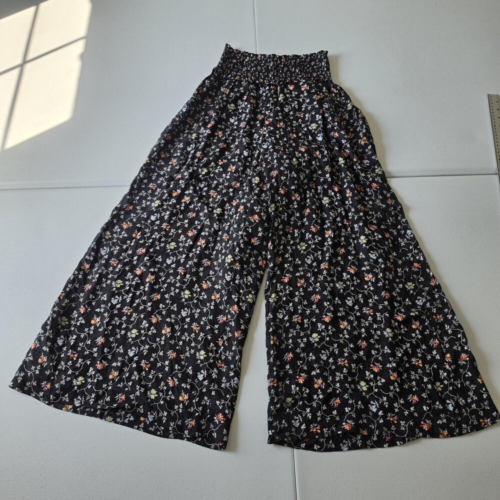Rebecca Taylor Pants Womens Medium Black Floral Silk Wide Leg Crop Elastic Waist